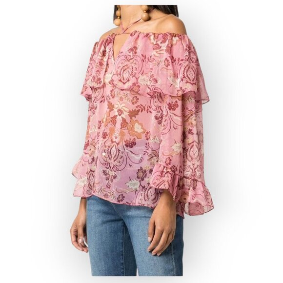 Misa Los Angeles Soraya Floral Pink Ruffle Barbiecore Chiffon Top size S EUC - Picture 3 of 15